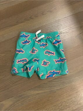 chubbies Teal Swim Trunks with Neon Shark Print